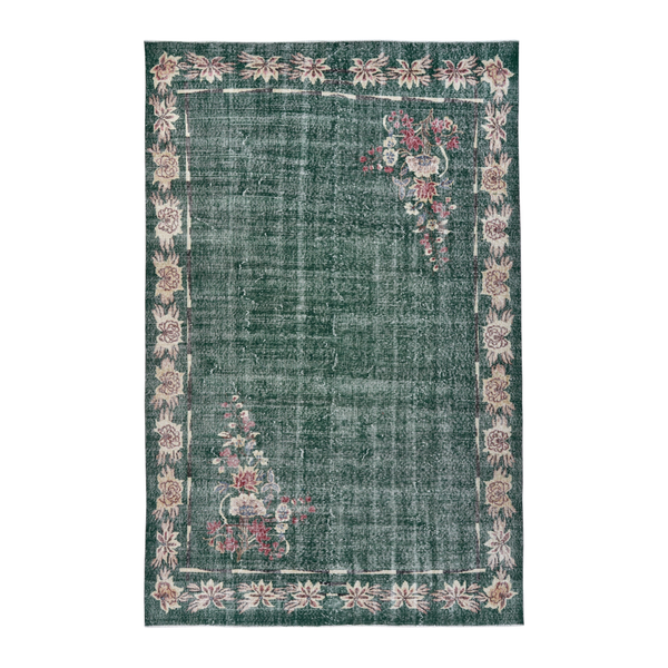 Turkish Isparta area rug in forest and muted pink, 6'9" x 10'2"