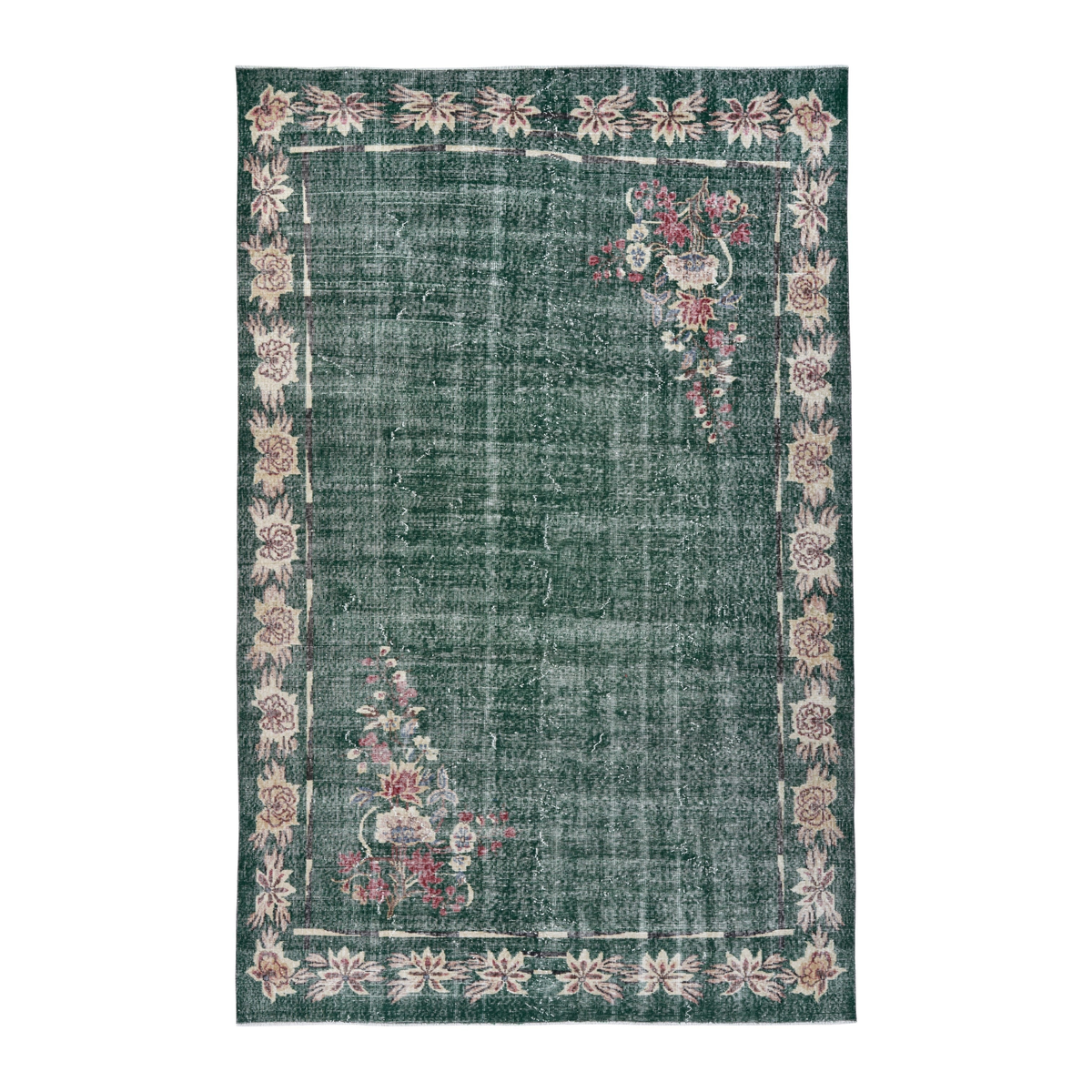 Turkish Isparta area rug in forest and muted pink, 6'9" x 10'2"