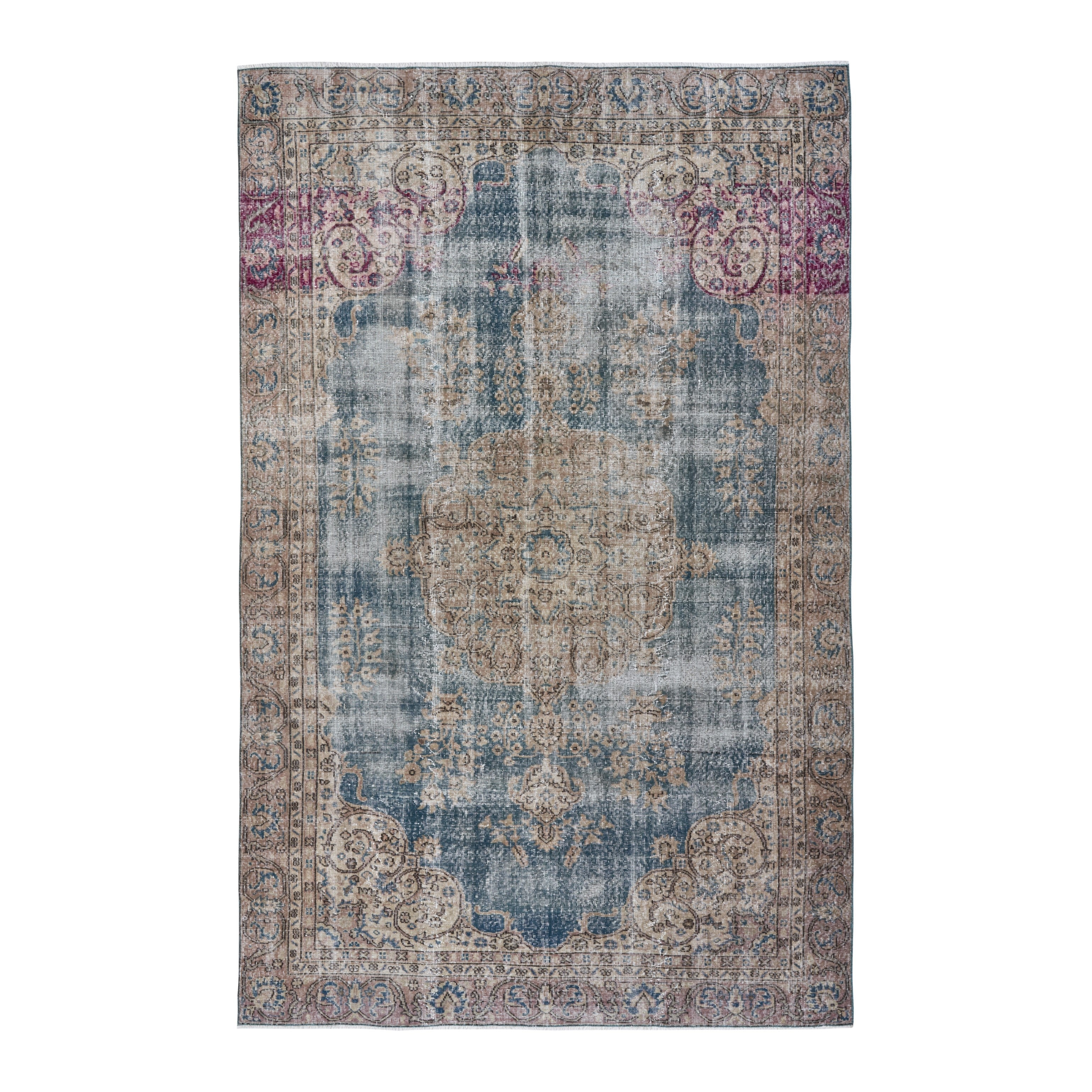 Turkish Isparta area rug in dusty blue and greige, 6'2" x 9'7"