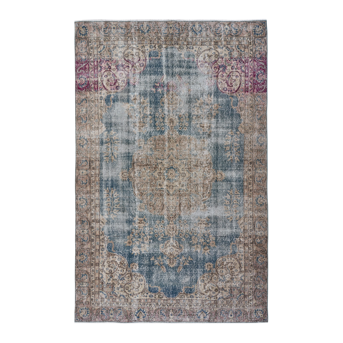 Turkish Isparta area rug in dusty blue and greige, 6'2" x 9'7"