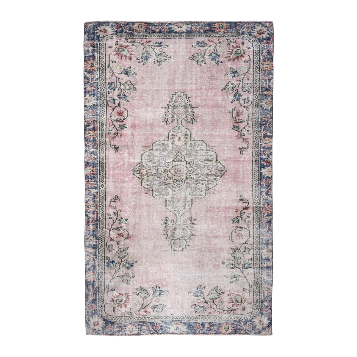Turkish Manisa area rug in dusty rose and dark blue, 5'5" x 9'1"