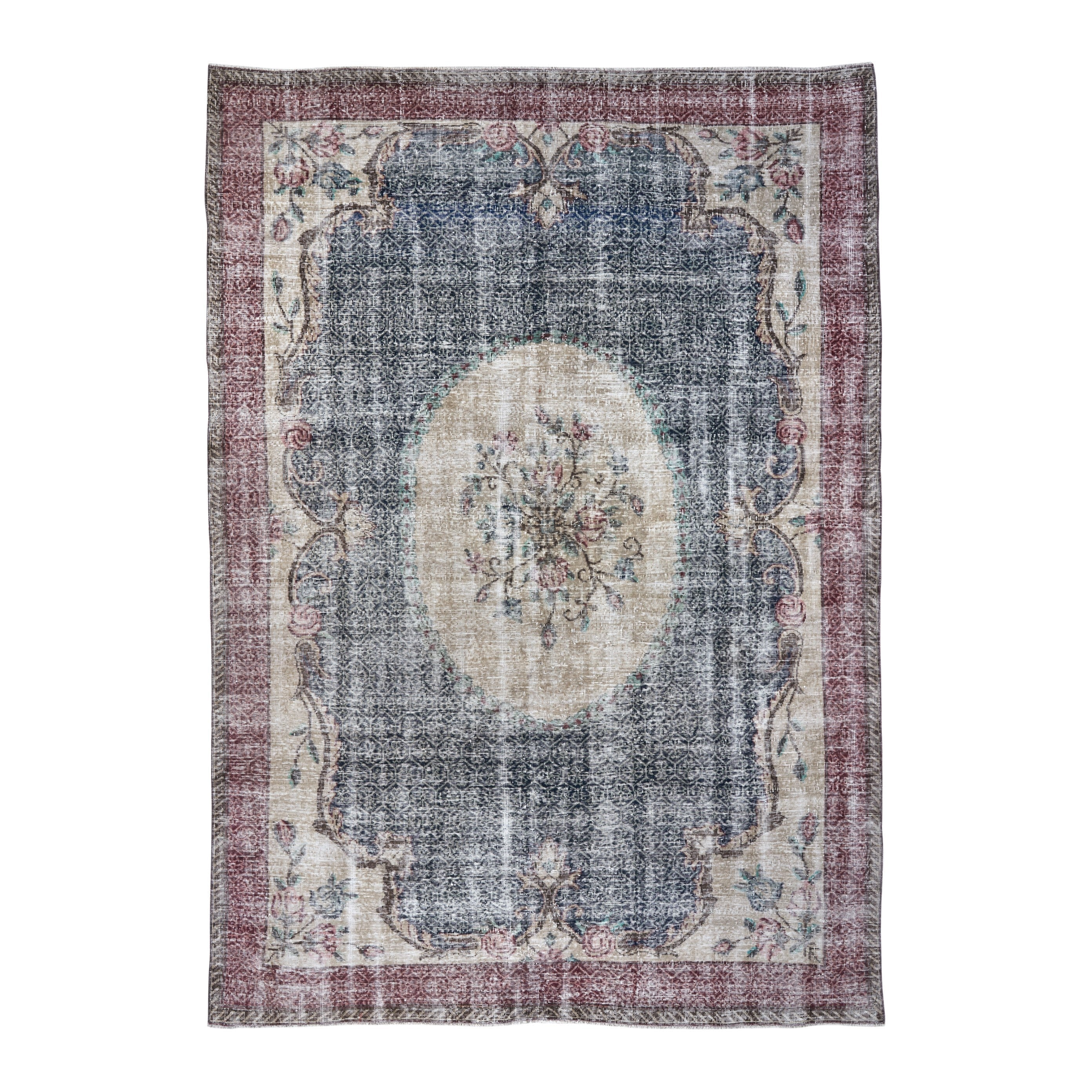 Turkish Isparta area rug in dark blue and burgundy, 7'2" x 10'2"