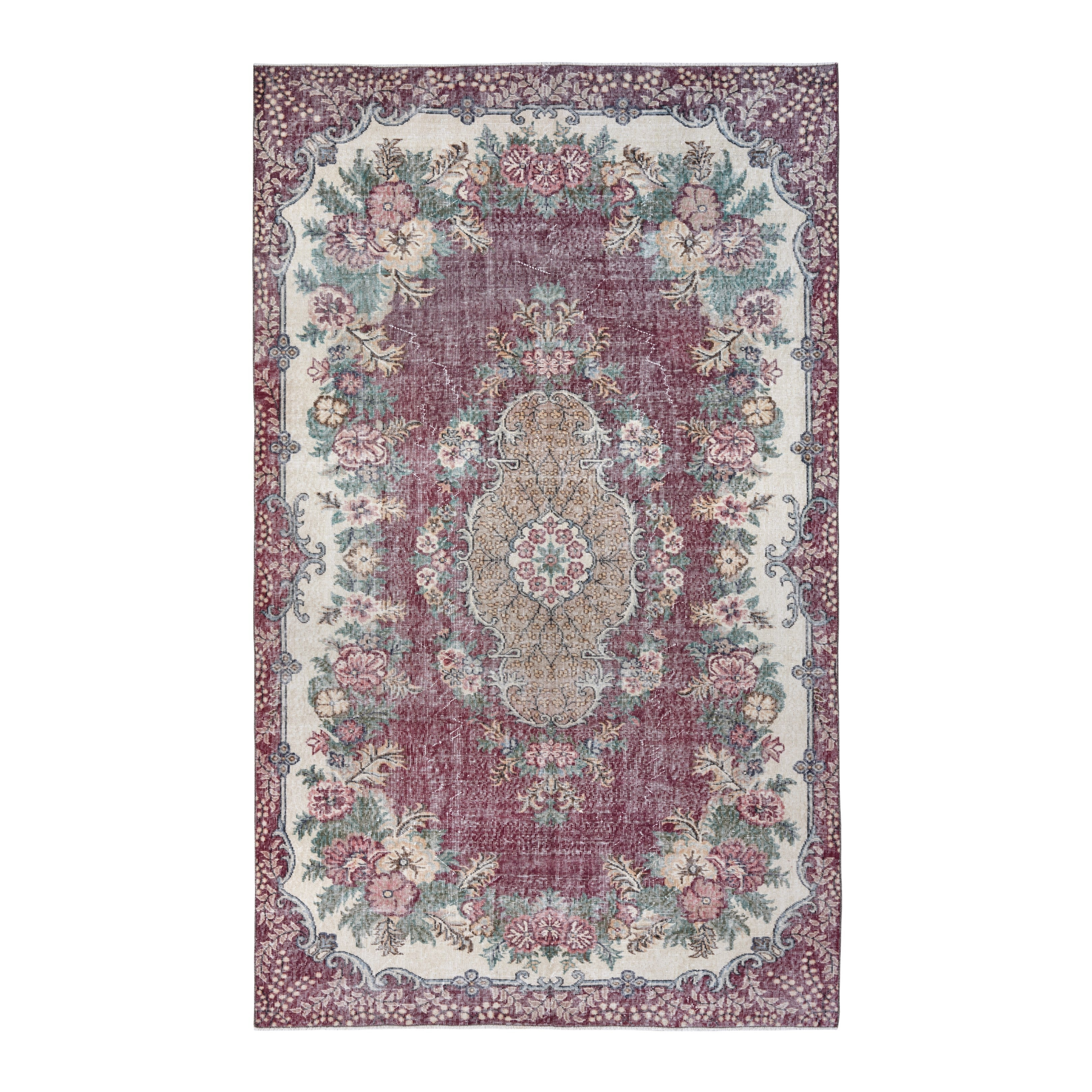 Turkish Isparta area rug in burgundy and off-white, 6'5" x 10'3"