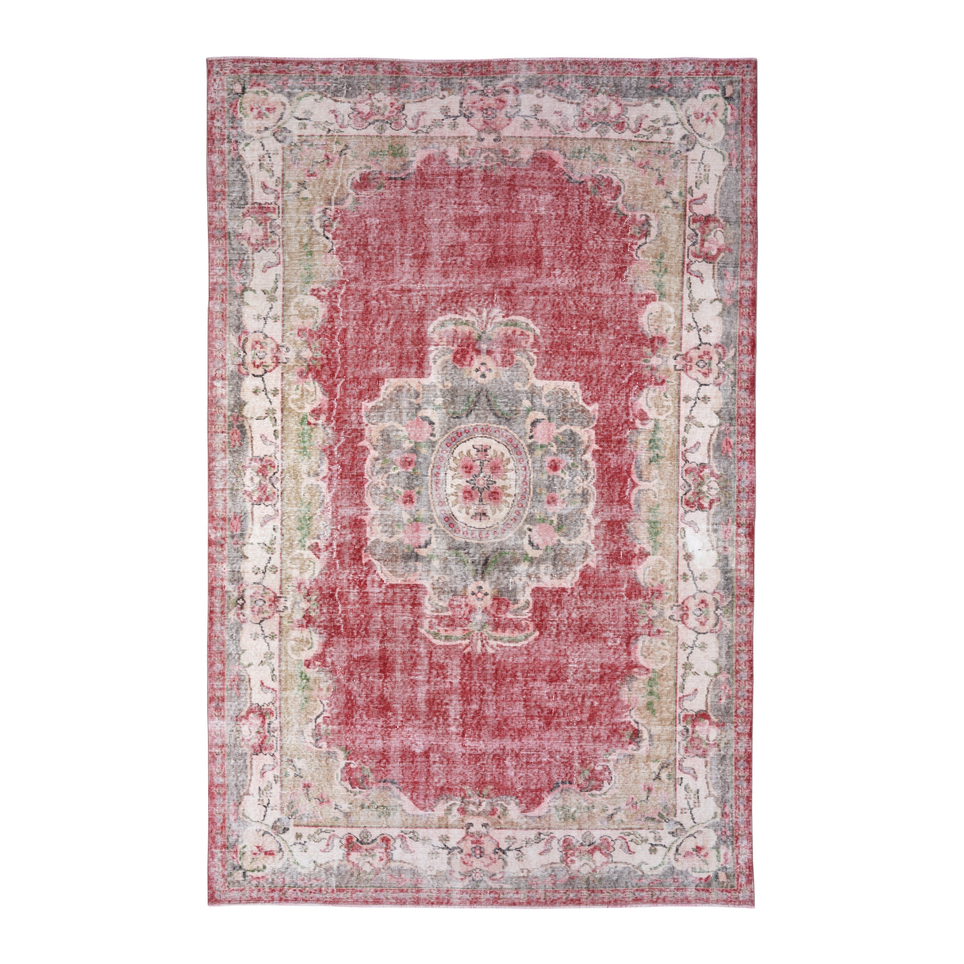 Turkish Manisa area rug in faded red and muted pink, 6'6" x 10'