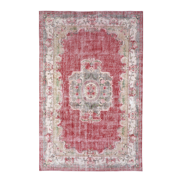 Turkish Manisa area rug in faded red and muted pink, 6'6" x 10'