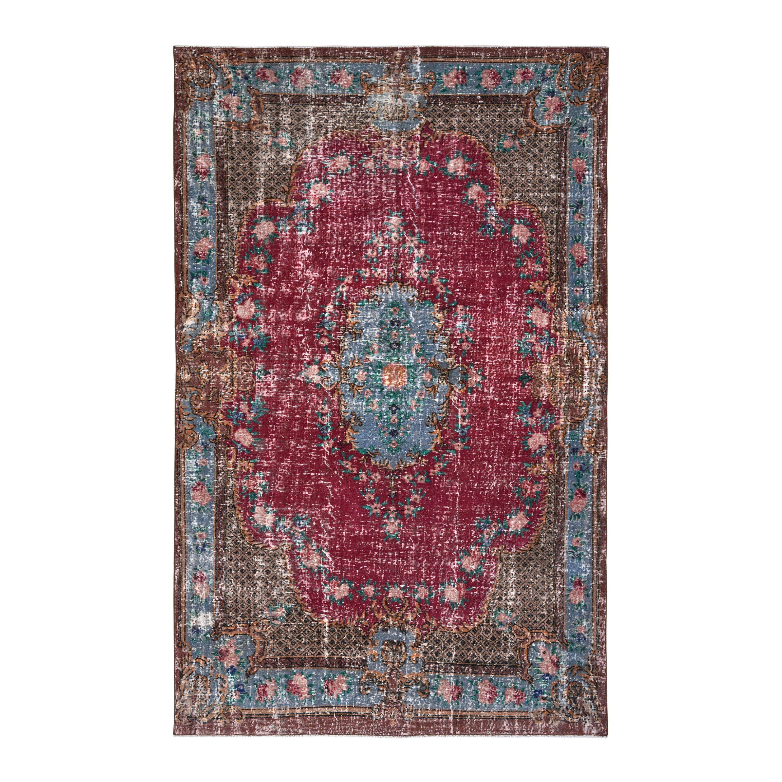 Turkish Isparta area rug in burgundy and teal, 6'3" x 10'