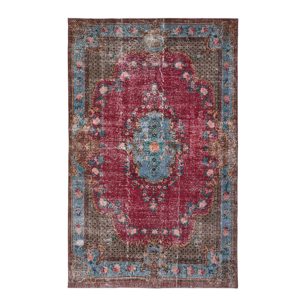 Turkish Isparta area rug in burgundy and teal, 6'3" x 10'