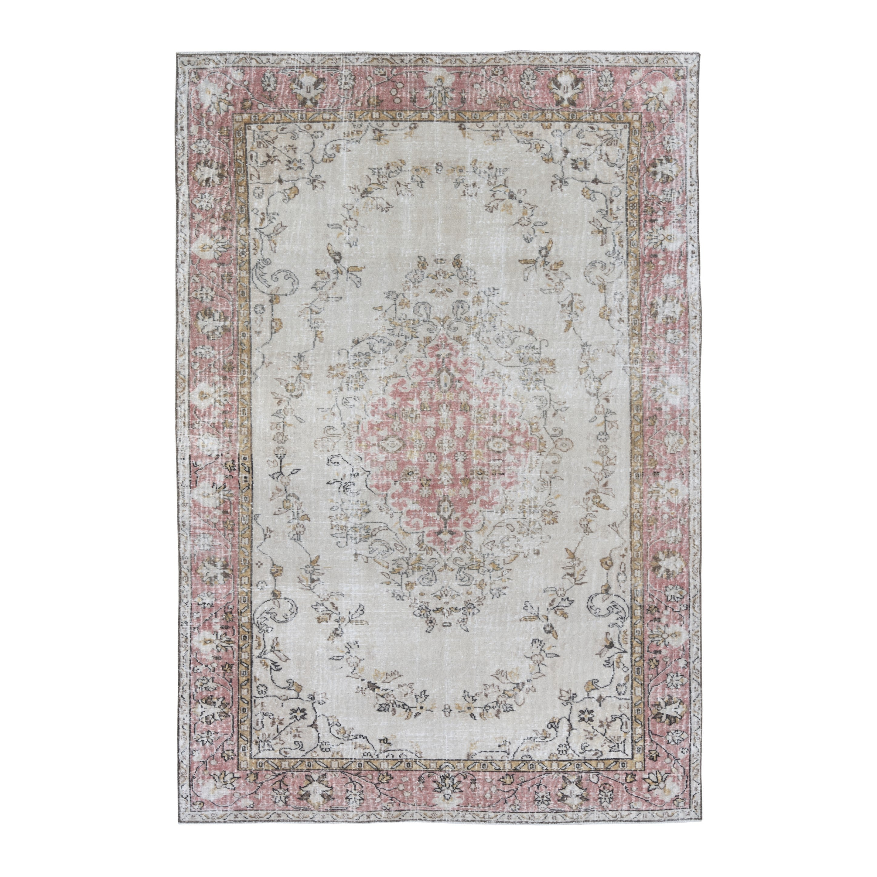 Turkish Isparta area rug in cream and muted pink, 6'8" x 9'9"