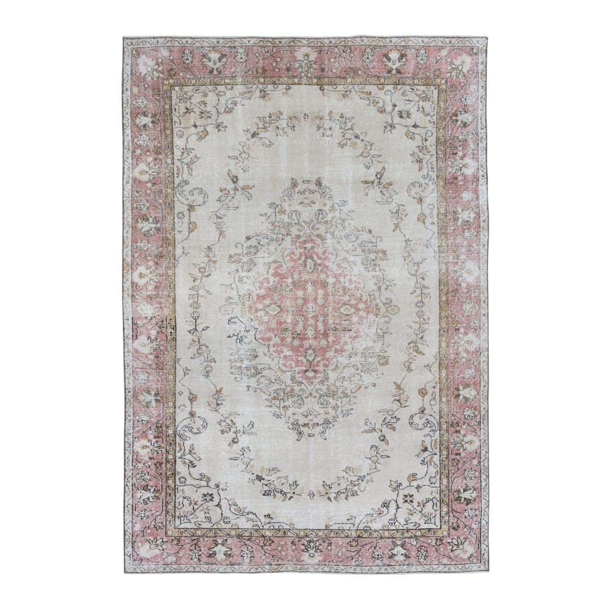 Turkish Isparta area rug in cream and muted pink, 6'8" x 9'9"