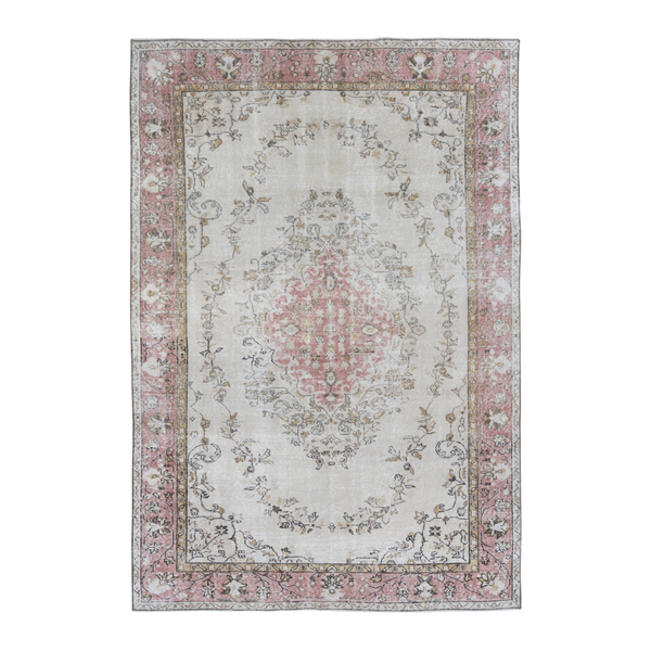 Turkish Isparta area rug in cream and muted pink, 6'8" x 9'9"