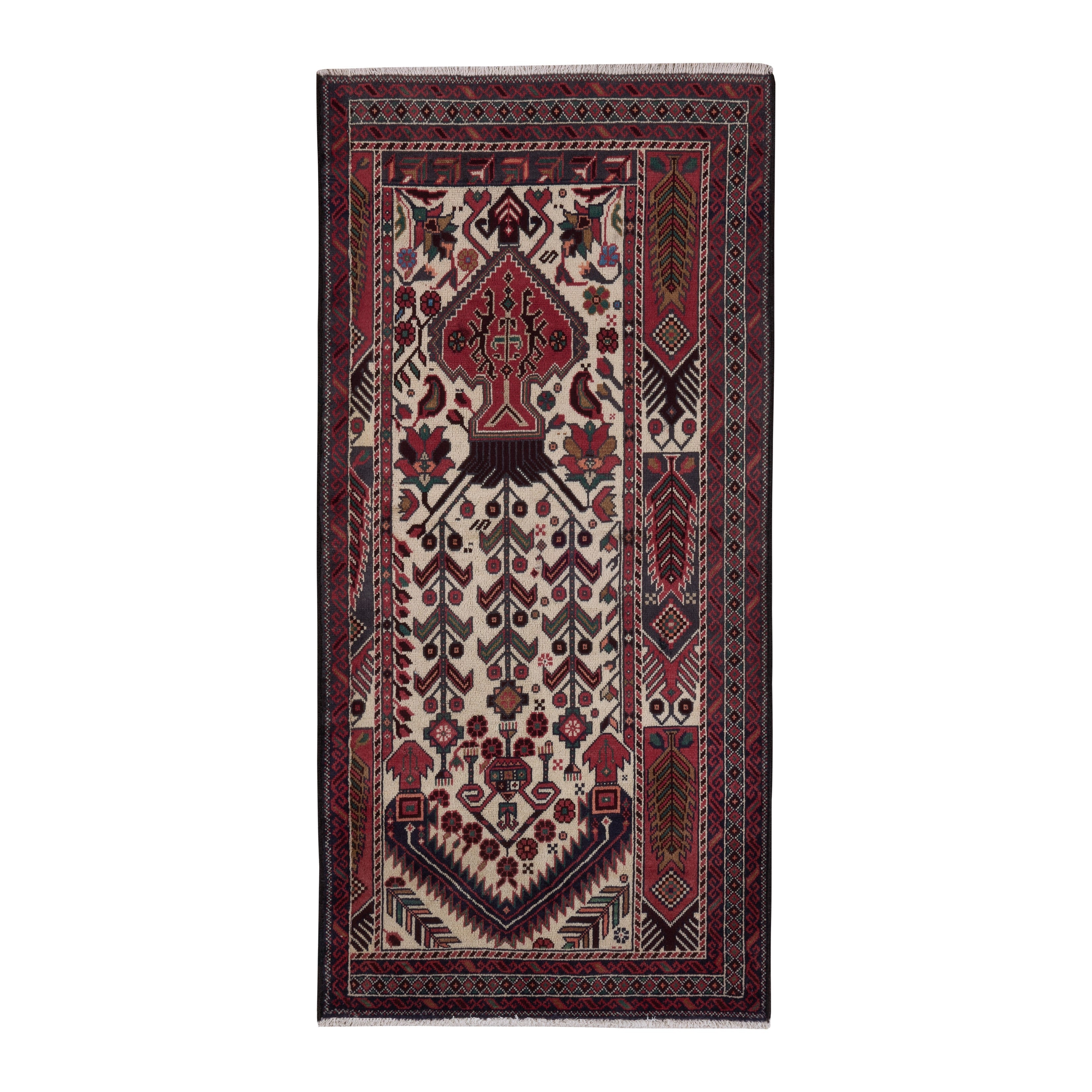 Persian Baluch runner rug in cream and burgundy, 2'11" x 6'2"