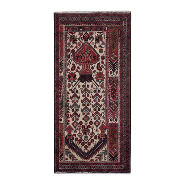Persian Baluch runner rug in cream and burgundy, 2'11" x 6'2"