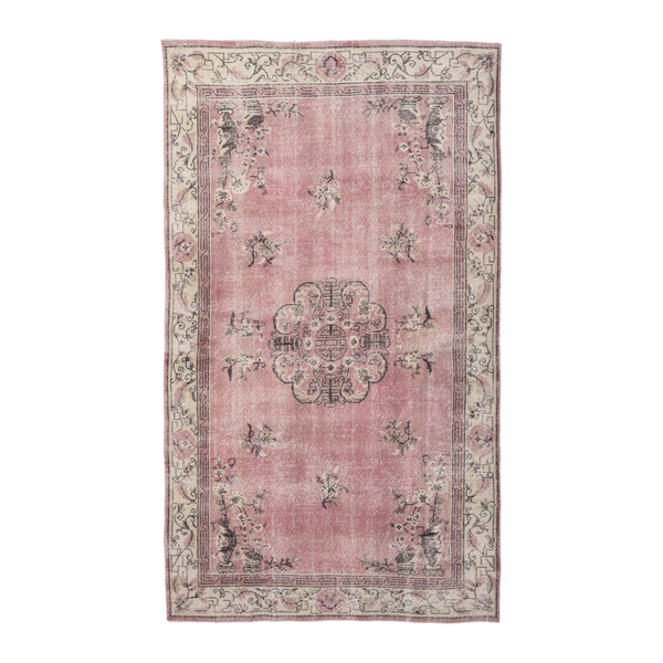 Turkish Isparta area rug in dusty rose and muted pink, 6'4" x 10'5"