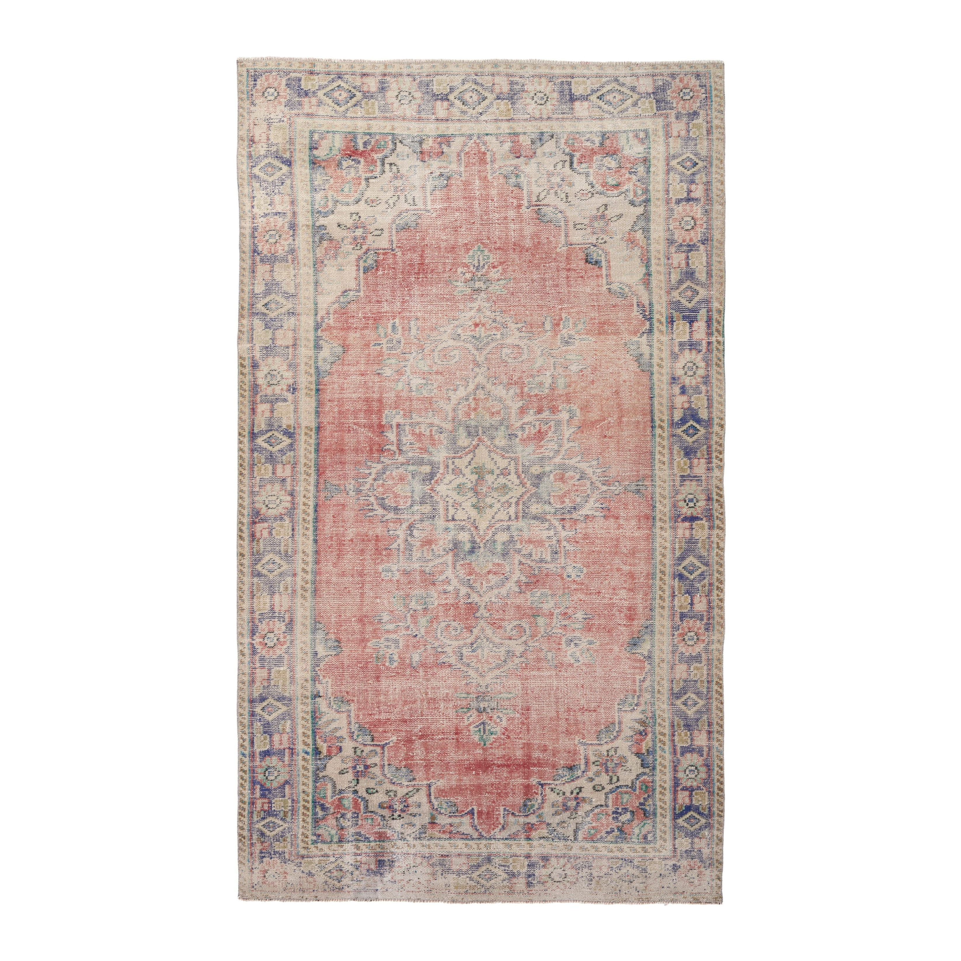 Turkish Manisa area rug in muted pink and navy, 6'2" x 10'3"