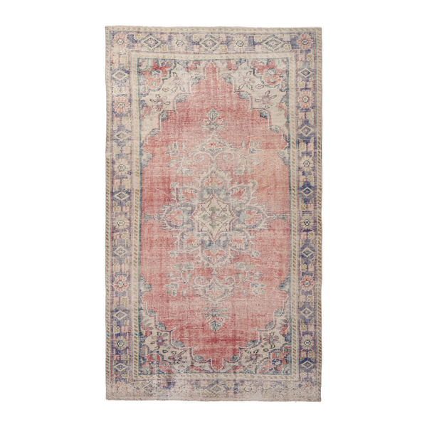 Turkish Manisa area rug in muted pink and navy, 6'2" x 10'3"