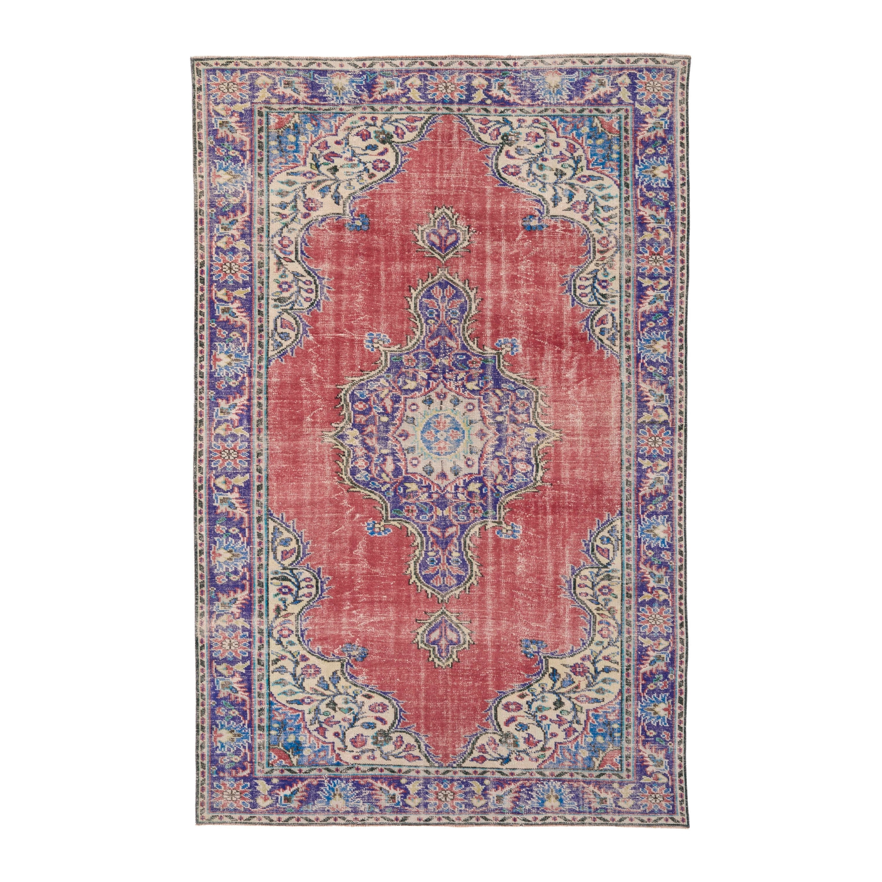 Turkish Manisa area rug in rose and navy, 6'8" x 10'1"