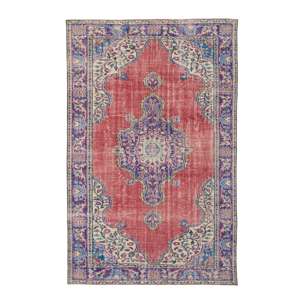 Turkish Manisa area rug in rose and navy, 6'8" x 10'1"