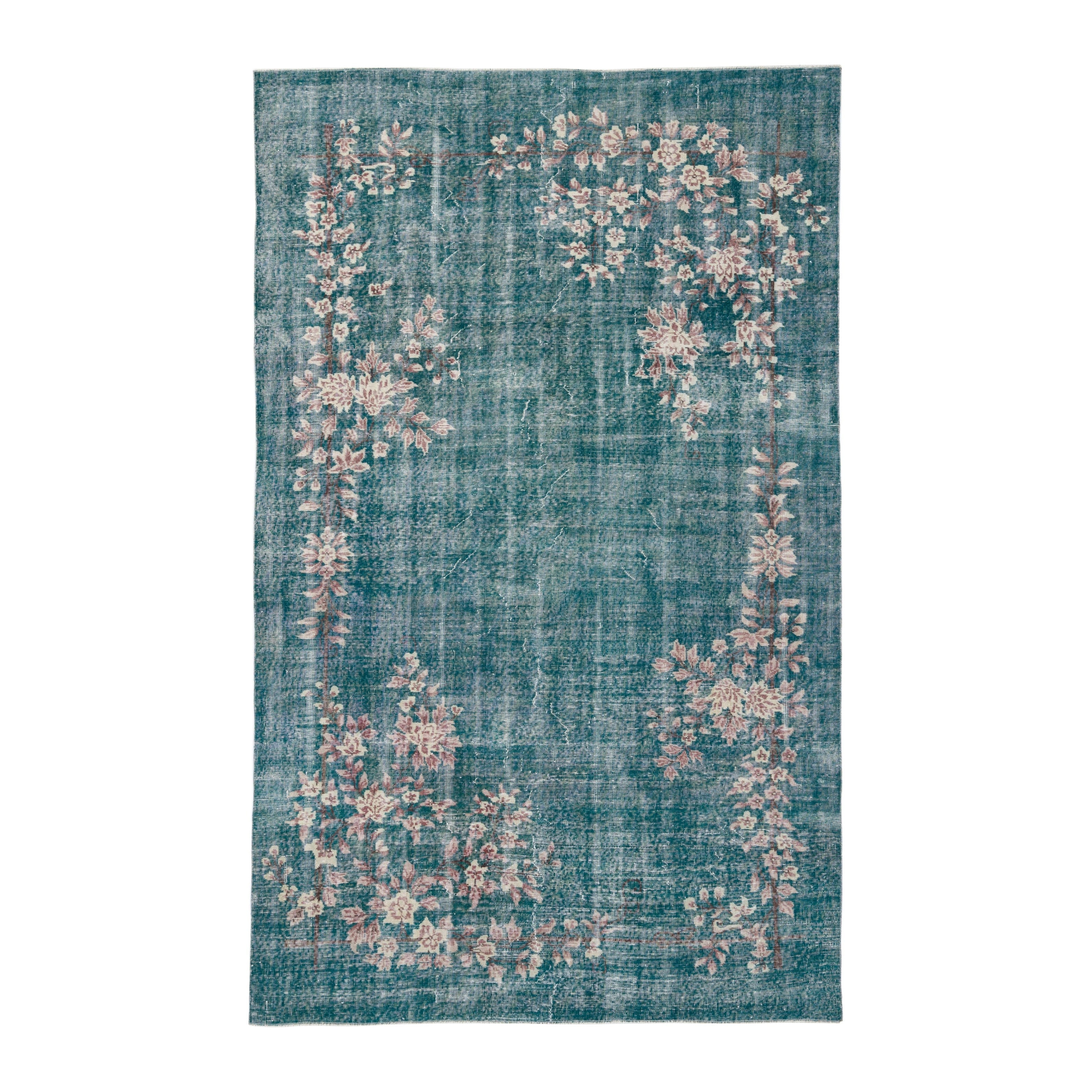 Turkish Isparta area rug in teal and muted pink, 6'6" x 10'2"