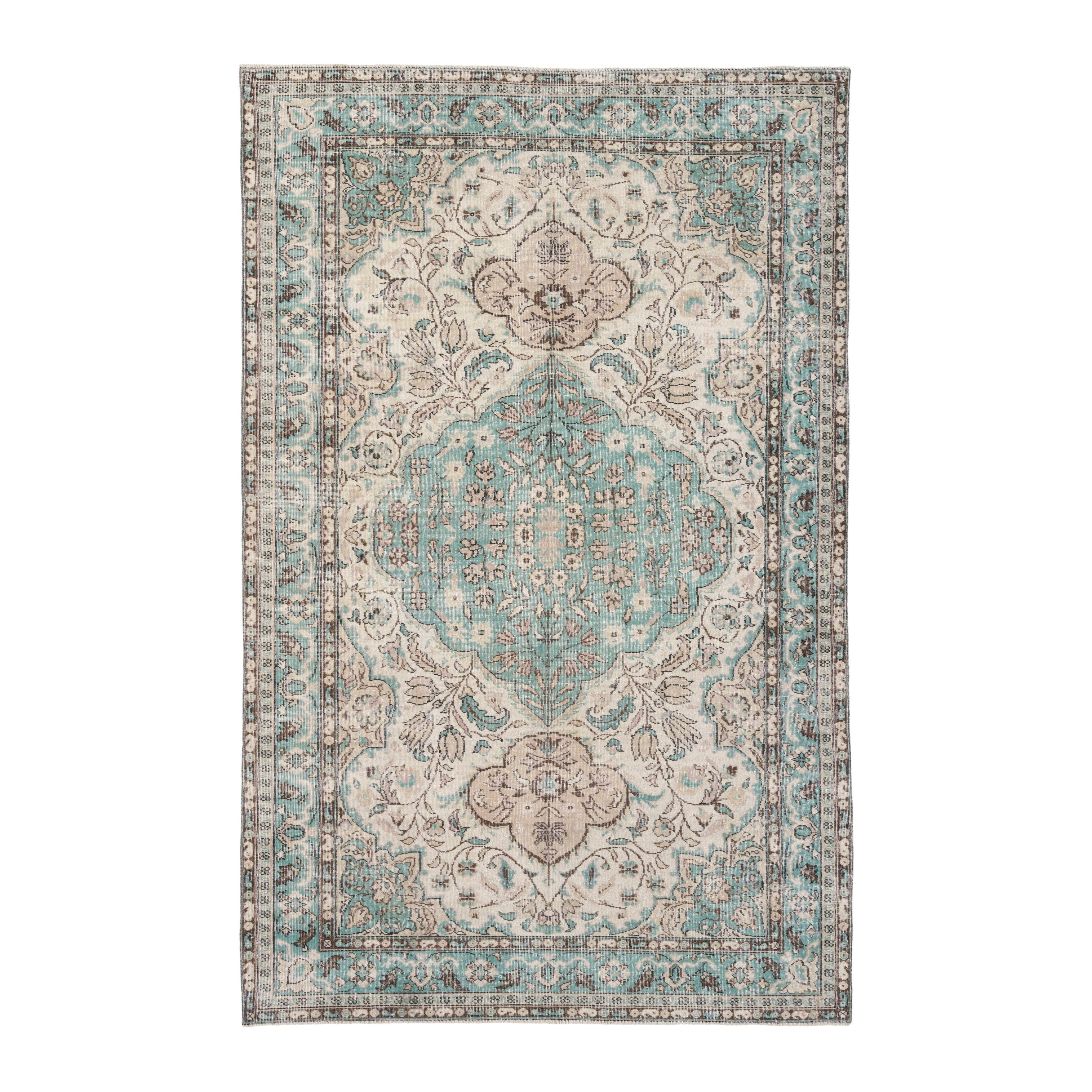 Turkish Isparta area rug in cream and teal, 6'4" x 10'