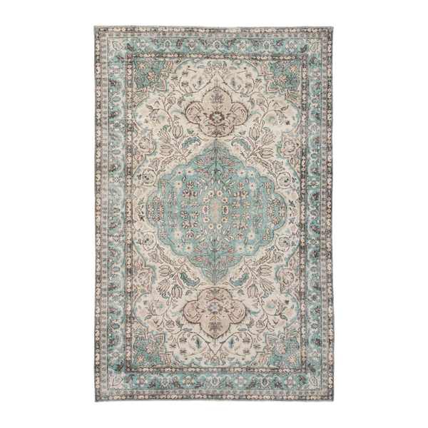 Turkish Isparta area rug in cream and teal, 6'4" x 10'