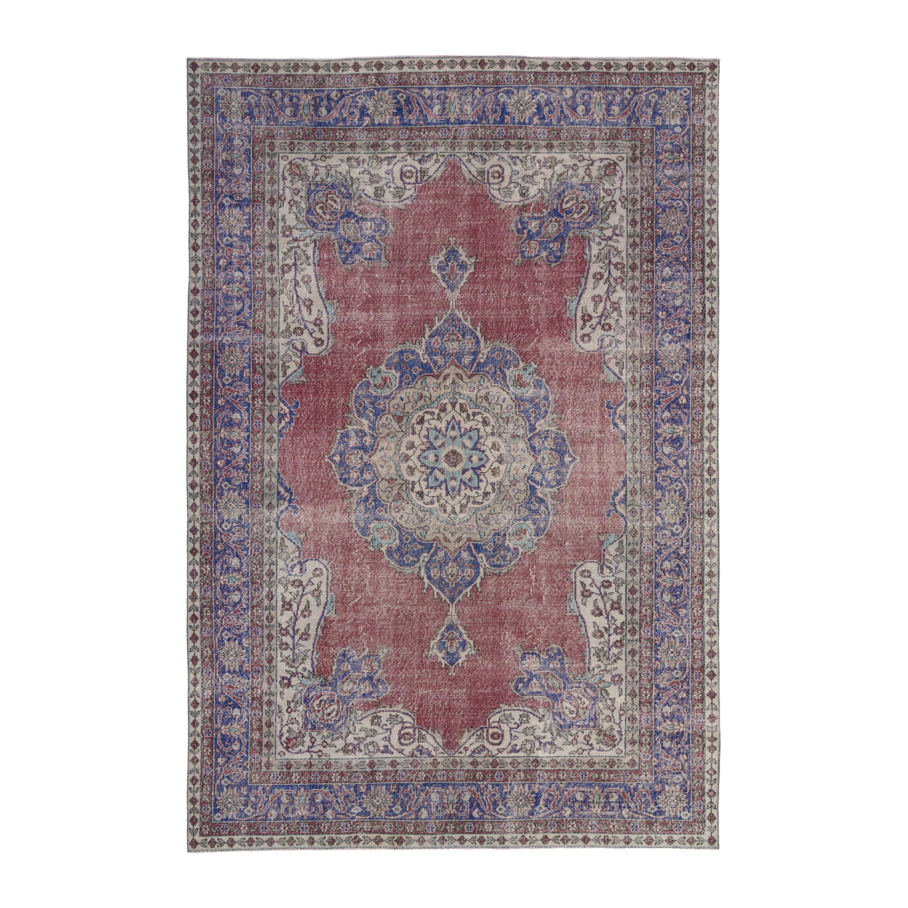 Turkish Isparta area rug in faded red and dark blue, 7'1" x 10'4"