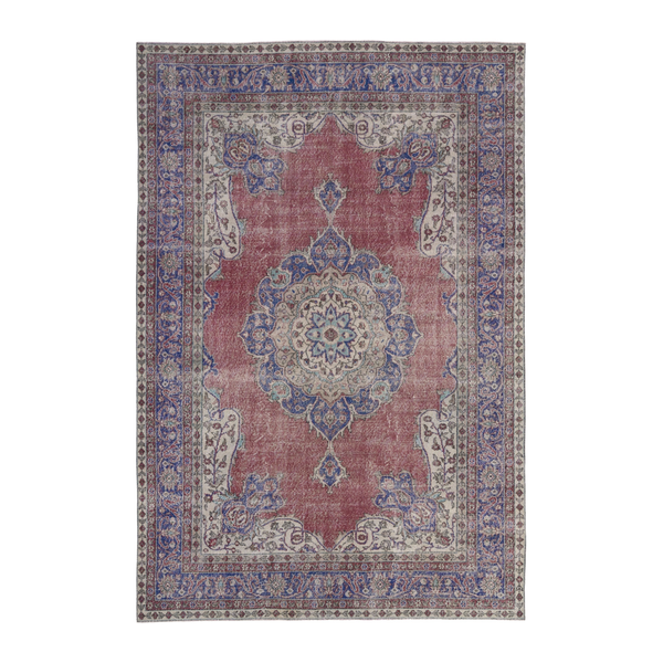 Turkish Isparta area rug in faded red and dark blue, 7'1" x 10'4"