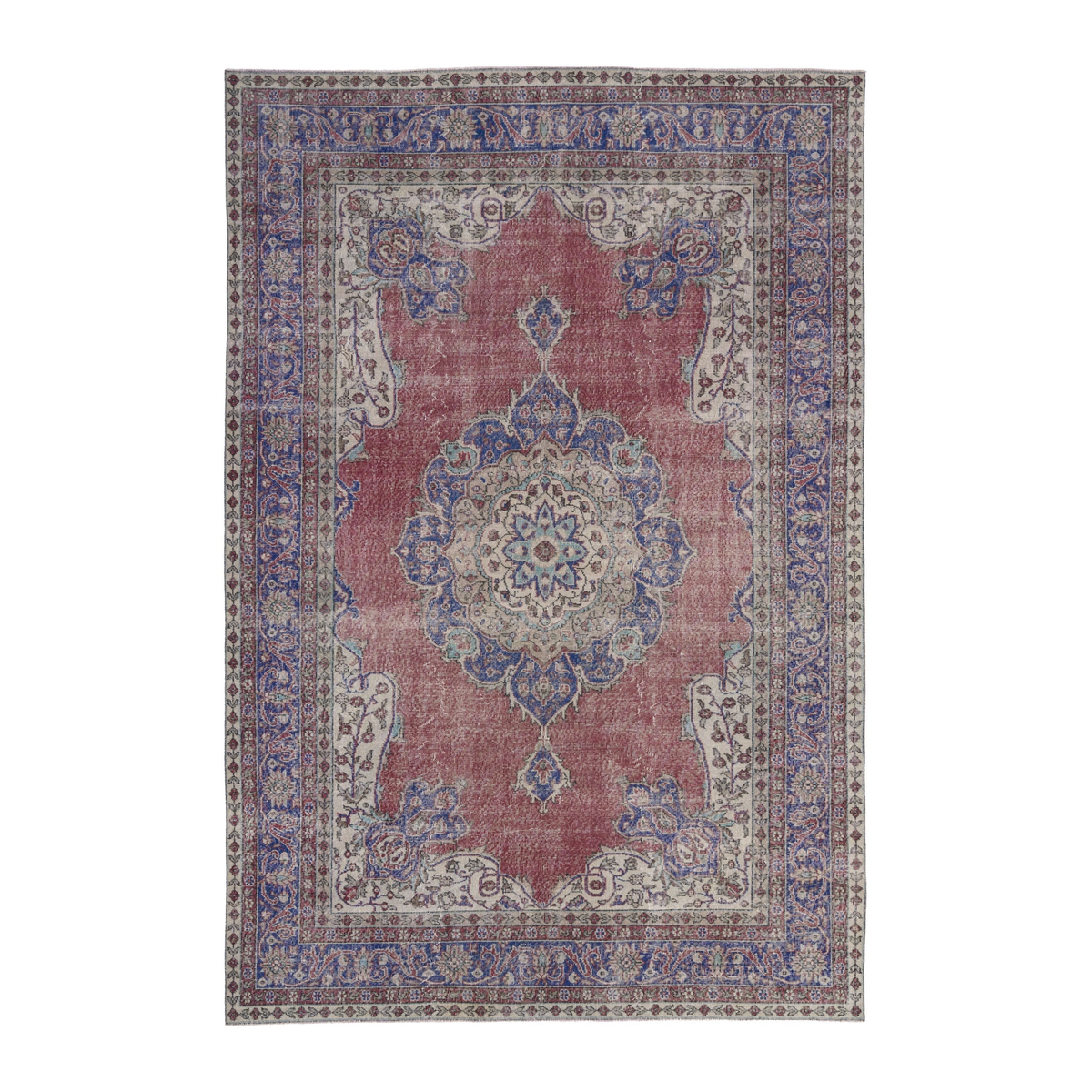 Turkish Isparta area rug in faded red and dark blue, 7'1" x 10'4"