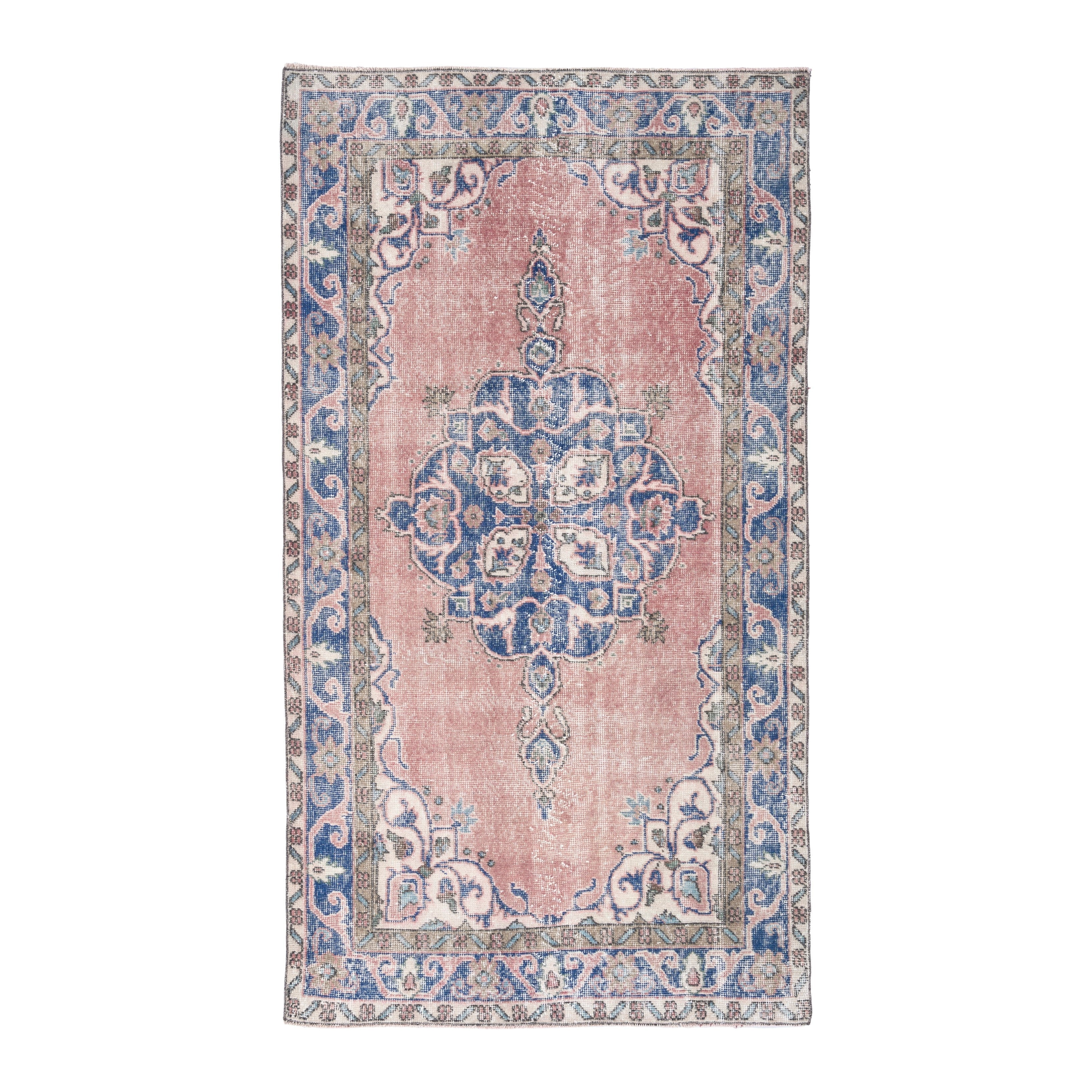 Turkish Isparta area rug in dusty rose and denim, 3'8" x 6'11"