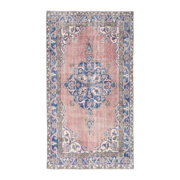 Turkish Isparta area rug in dusty rose and denim, 3'8" x 6'11"
