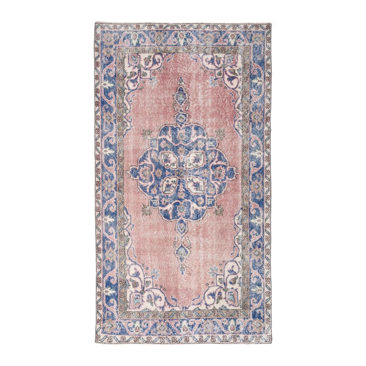 Turkish Isparta area rug in dusty rose and denim, 3'8" x 6'11"