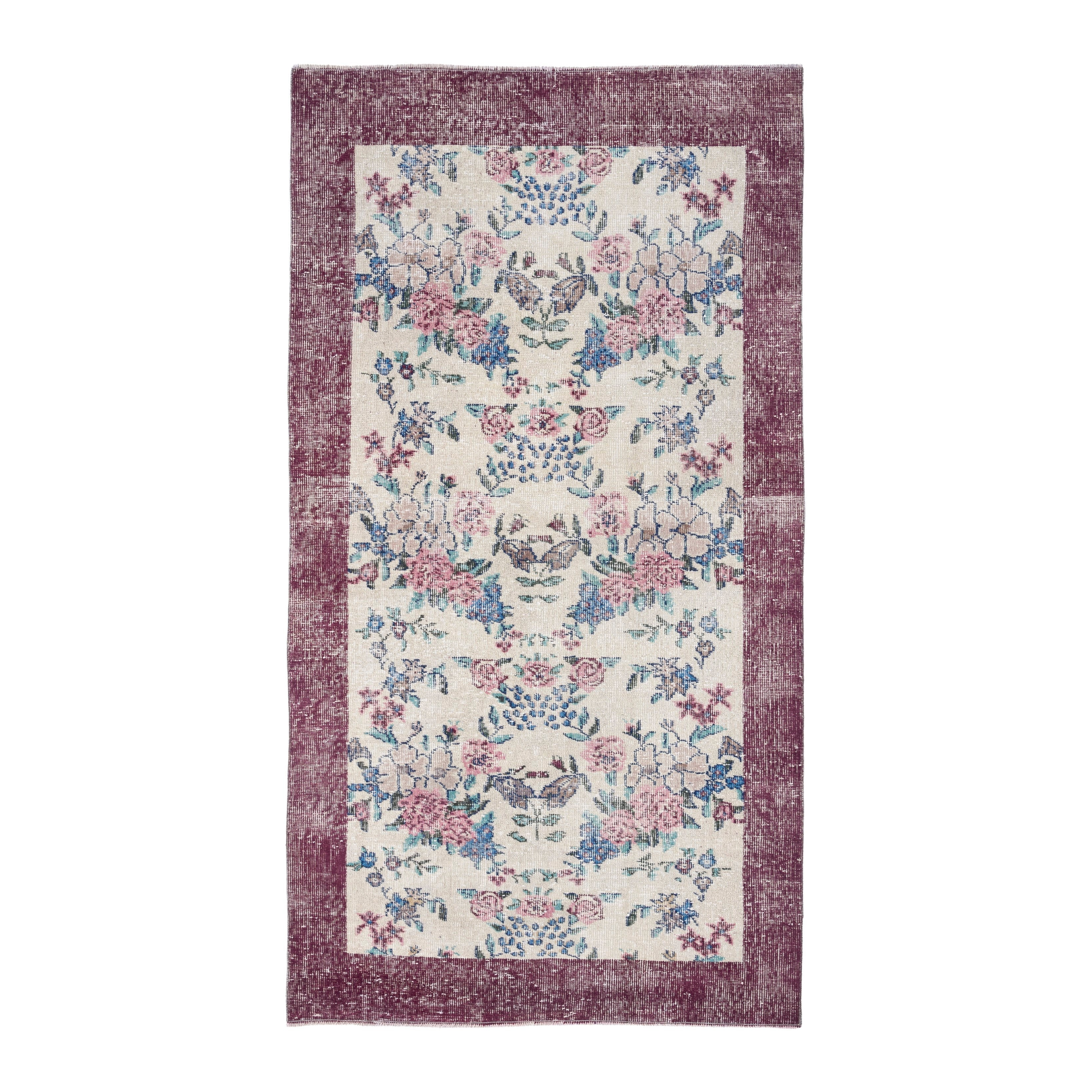 Turkish Isparta area rug in cream and dusty rose, 3'10" x 7'2"