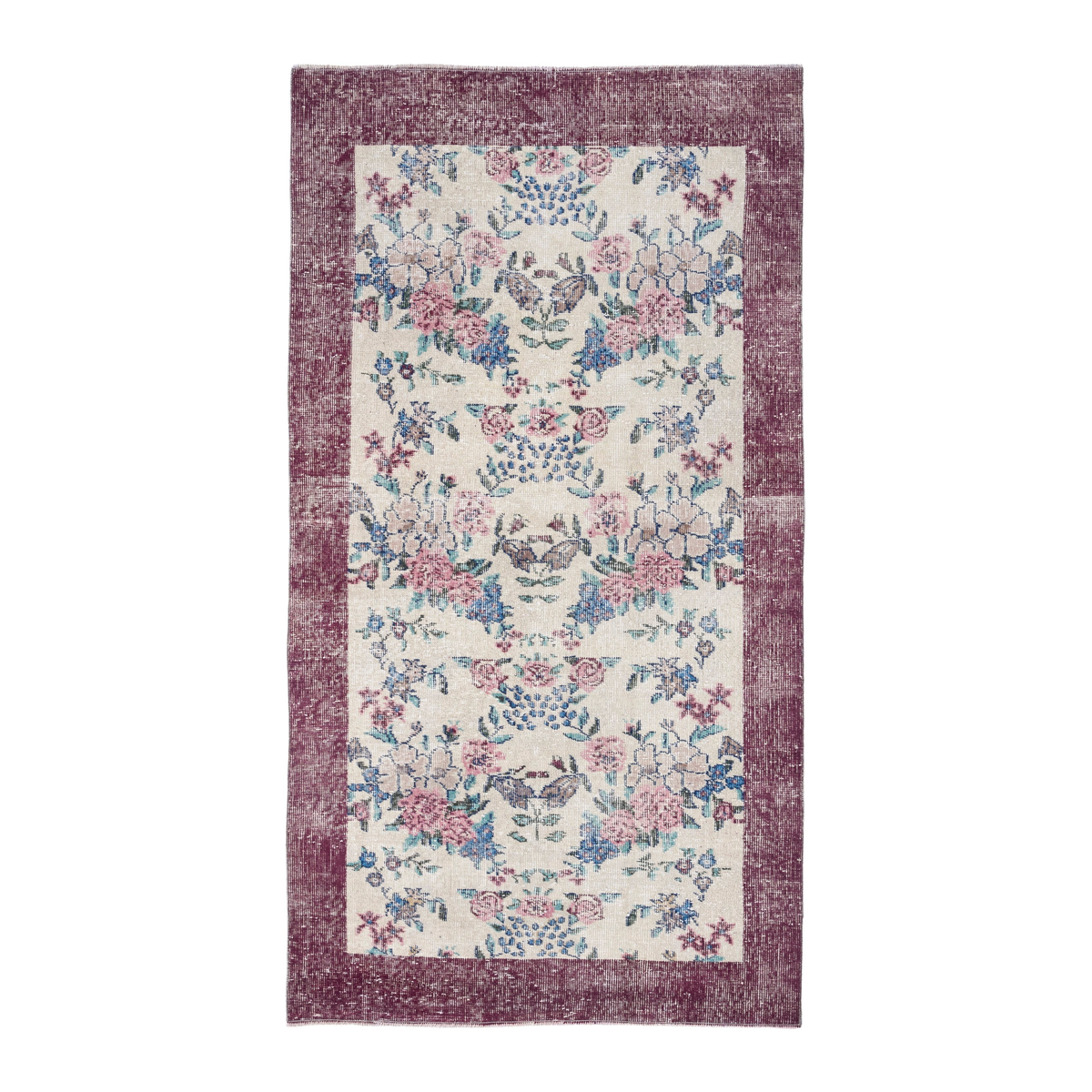 Turkish Isparta area rug in cream and dusty rose, 3'10" x 7'2"