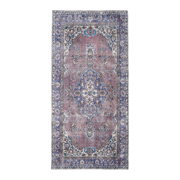 Turkish Isparta runner rug in dusty rose and navy, 3'9" x 7'10"