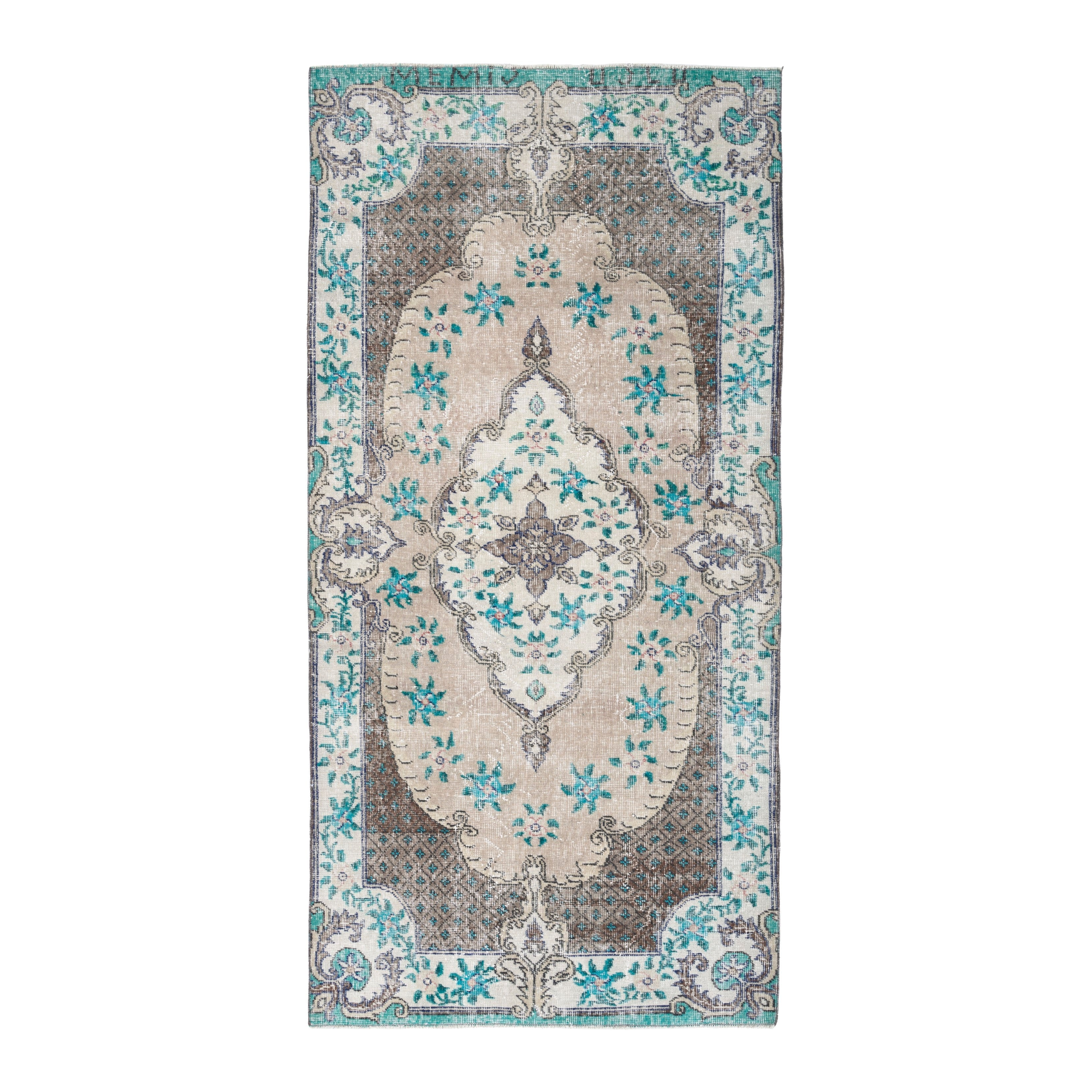 Turkish Isparta area rug in cream and turquoise, 3'8" x 7'