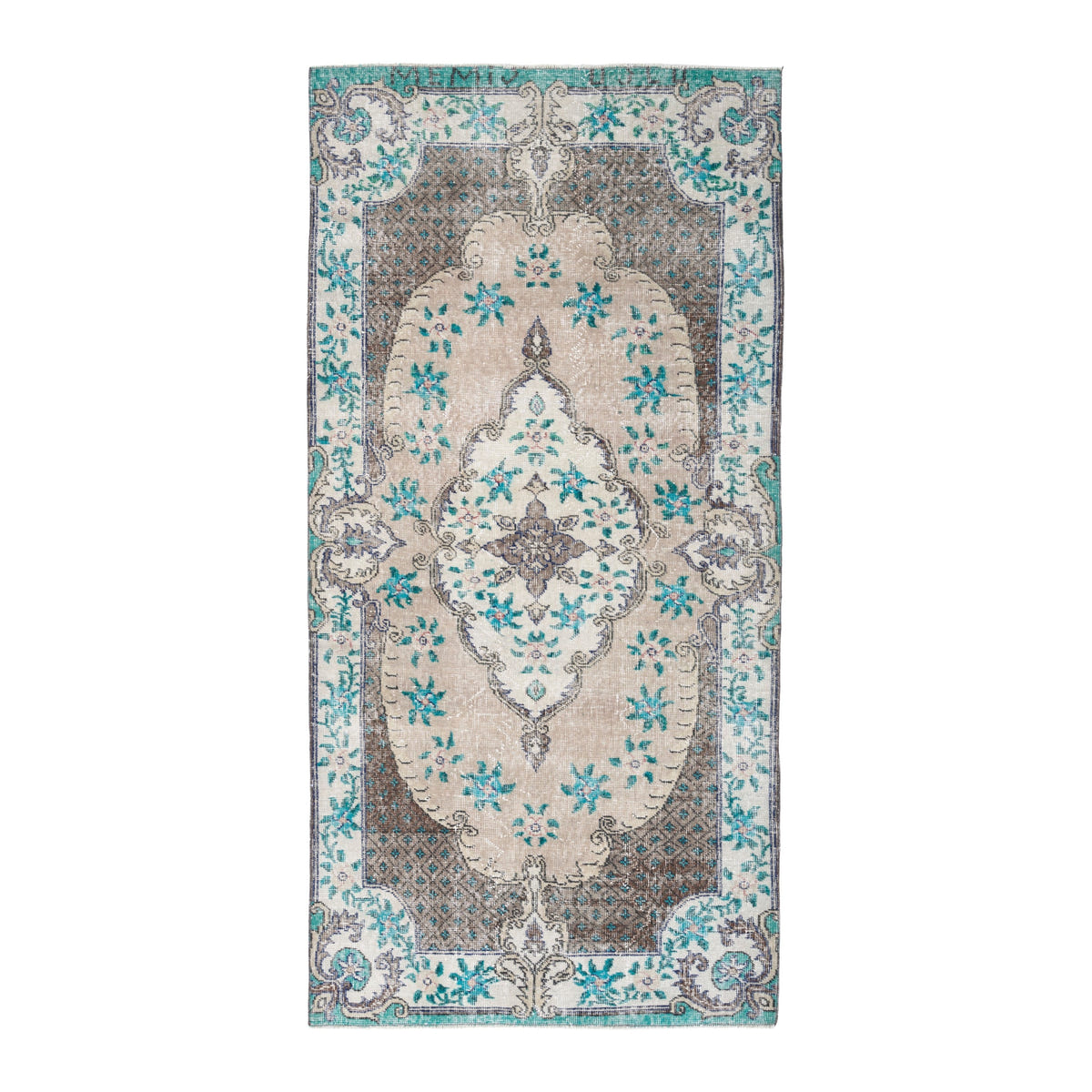 Turkish Isparta area rug in cream and turquoise, 3'8" x 7'