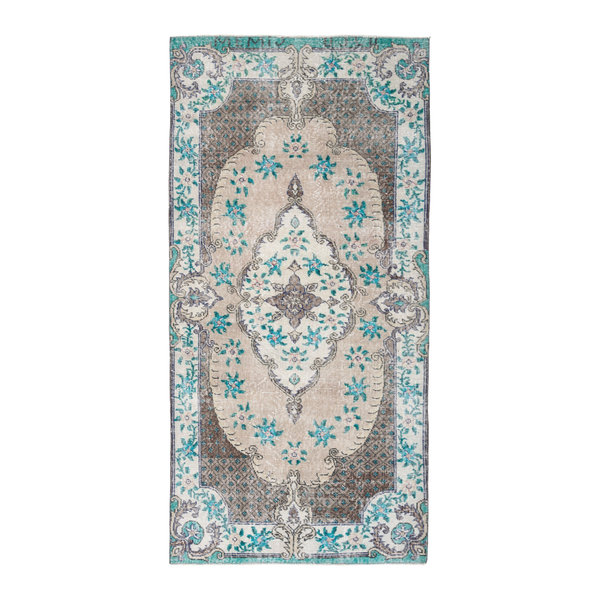 Turkish Isparta area rug in cream and turquoise, 3'8" x 7'