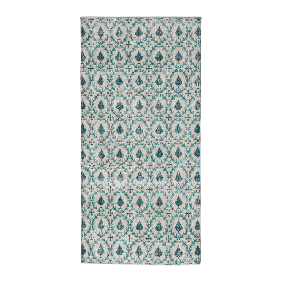 Turkish Isparta runner rug in cream and teal, 3'1" x 6'5"