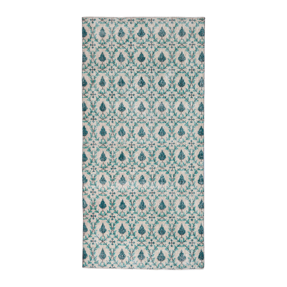 Turkish Isparta runner rug in cream and teal, 3'1" x 6'5"