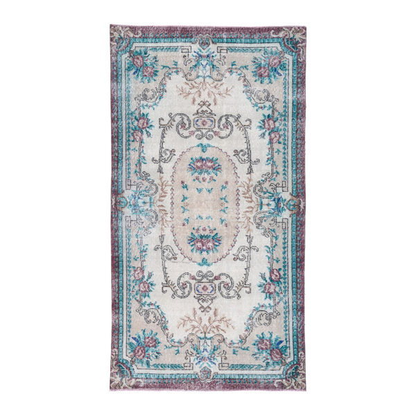 Turkish Isparta area rug in cream and turquoise, 3'8" x 6'10"