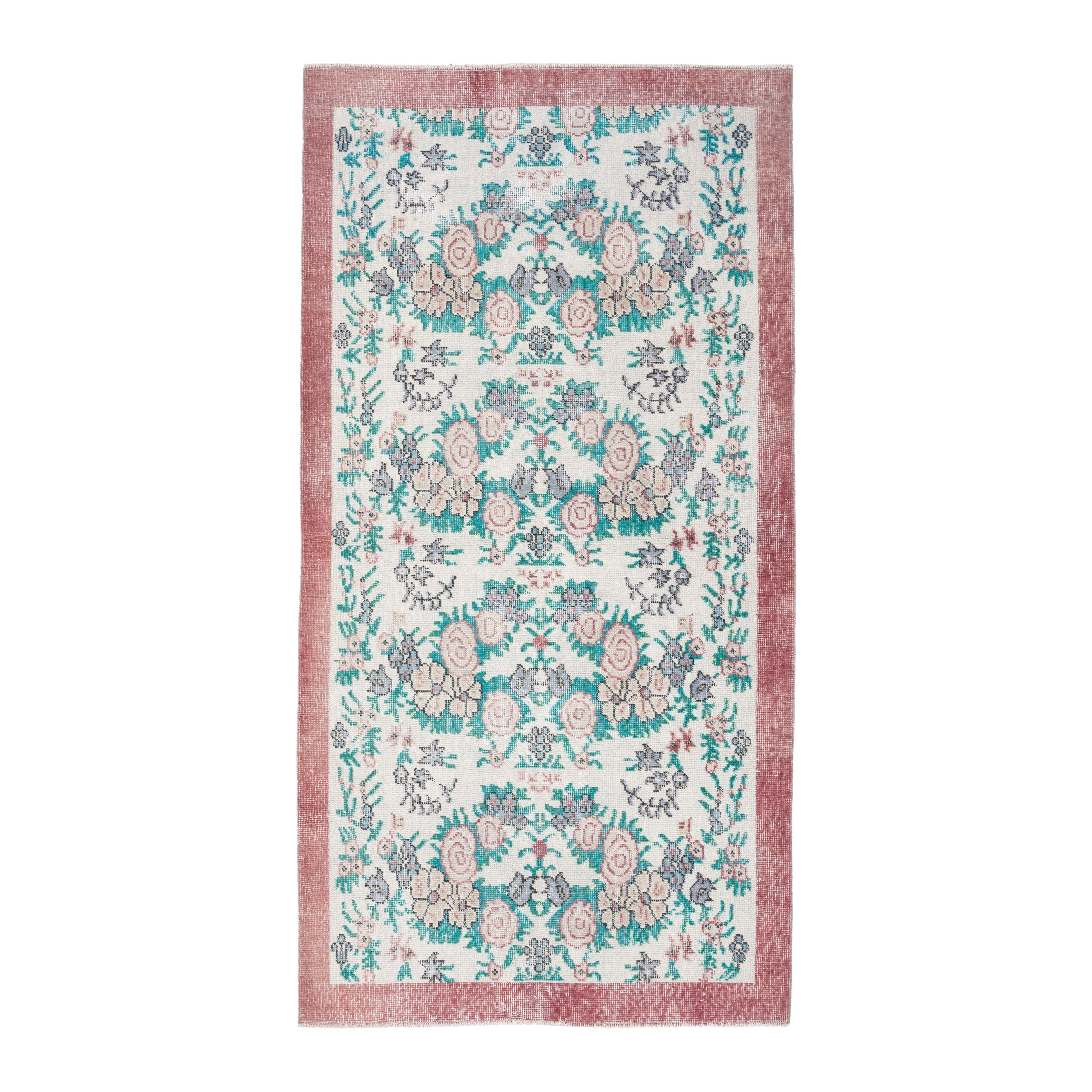 Turkish Isparta area rug in cream and teal, 3'8" x 6'10"