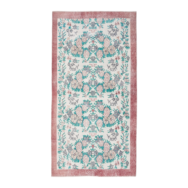 Turkish Isparta area rug in cream and teal, 3'8" x 6'10"
