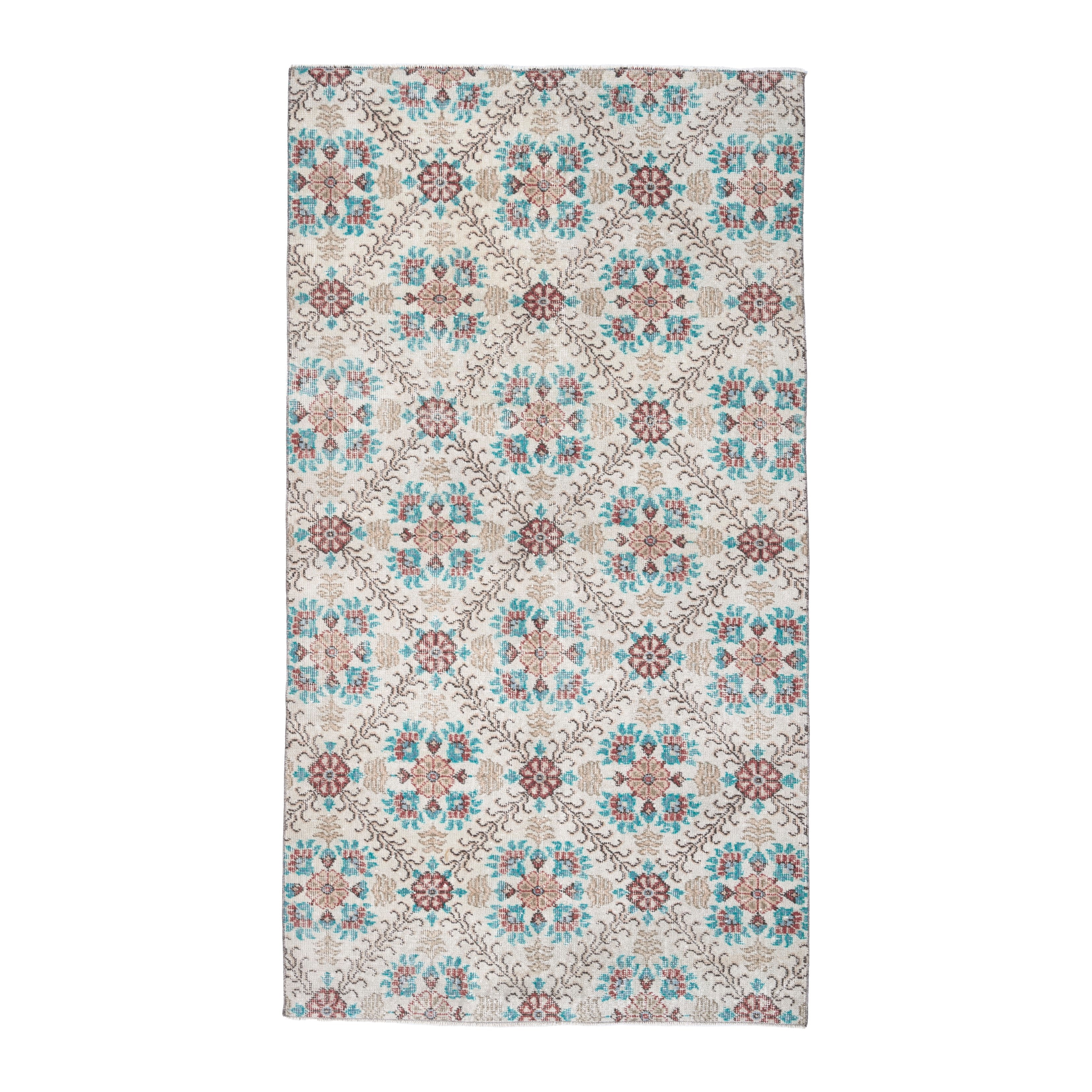 Turkish Isparta area rug in cream and turquoise, 3'9" x 7'