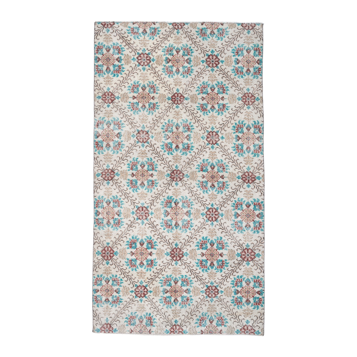 Turkish Isparta area rug in cream and turquoise, 3'9" x 7'