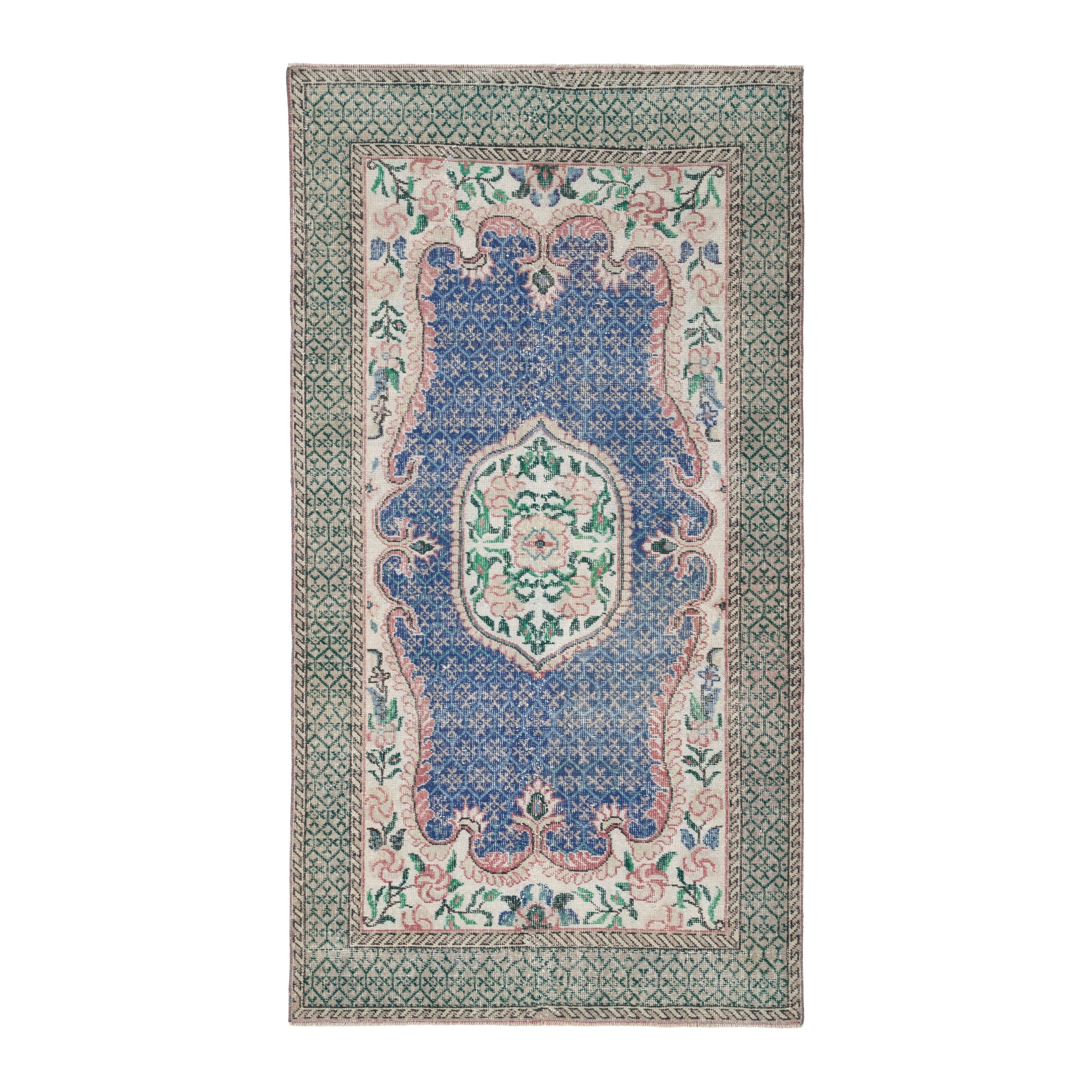 Turkish Isparta area rug in blue and sage, 3'8" x 7'1"