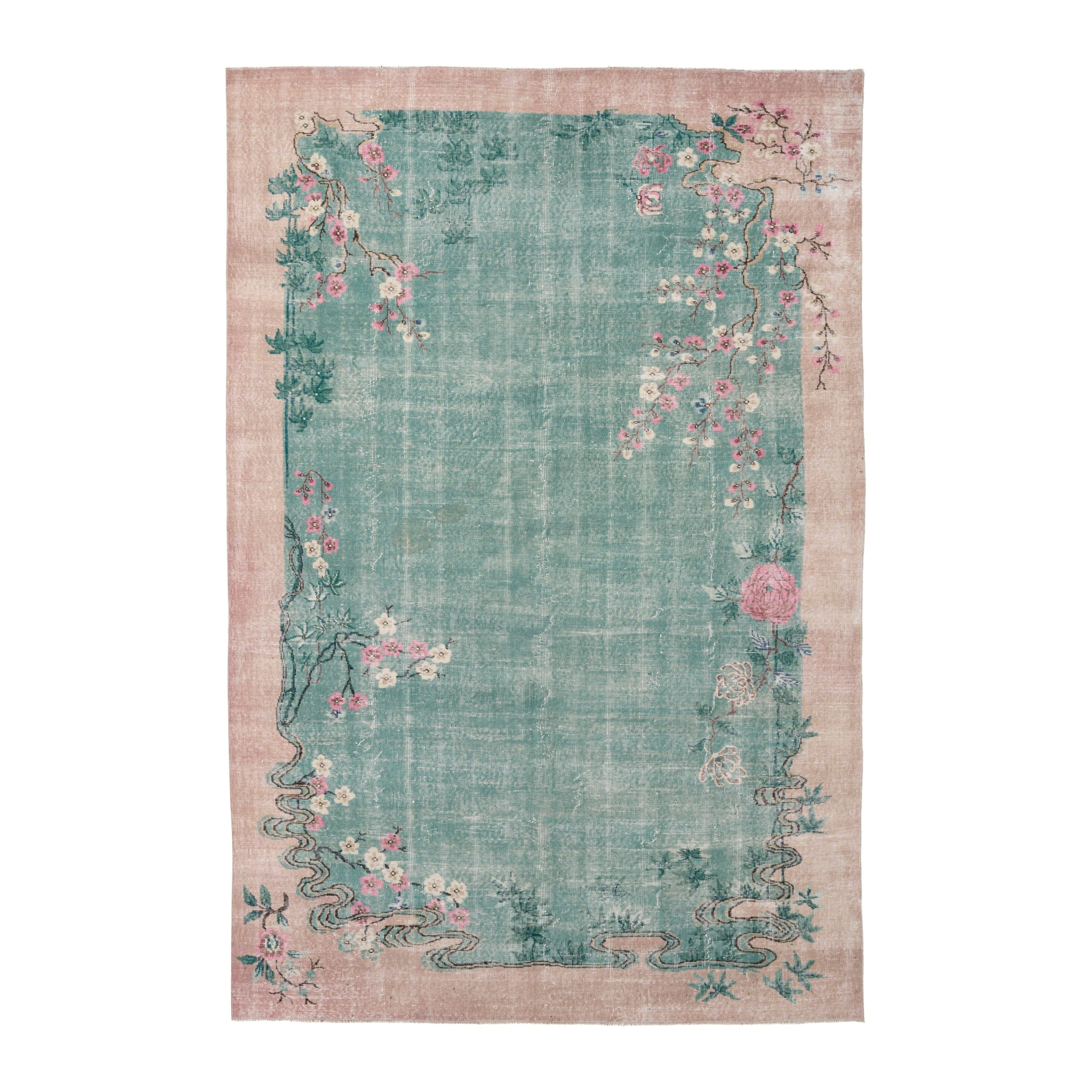 Turkish Isparta area rug in teal and muted pink, 6'9" x 10'5"