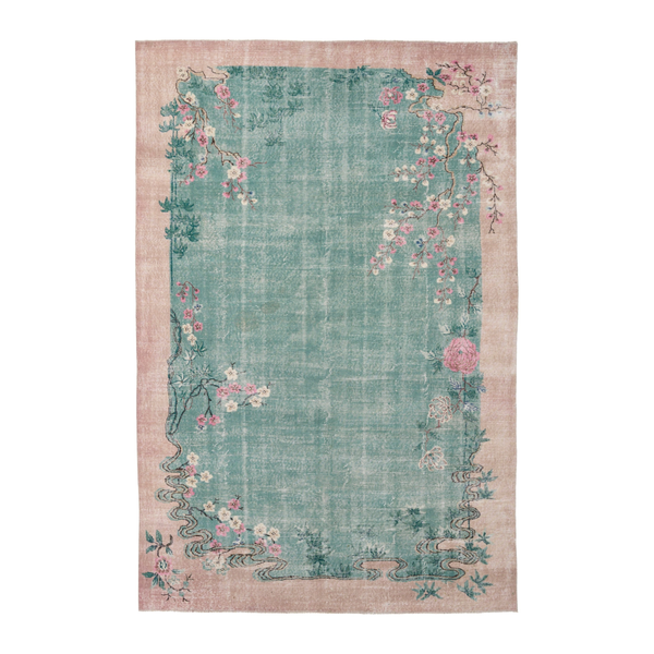 Turkish Isparta area rug in teal and muted pink, 6'9" x 10'5"
