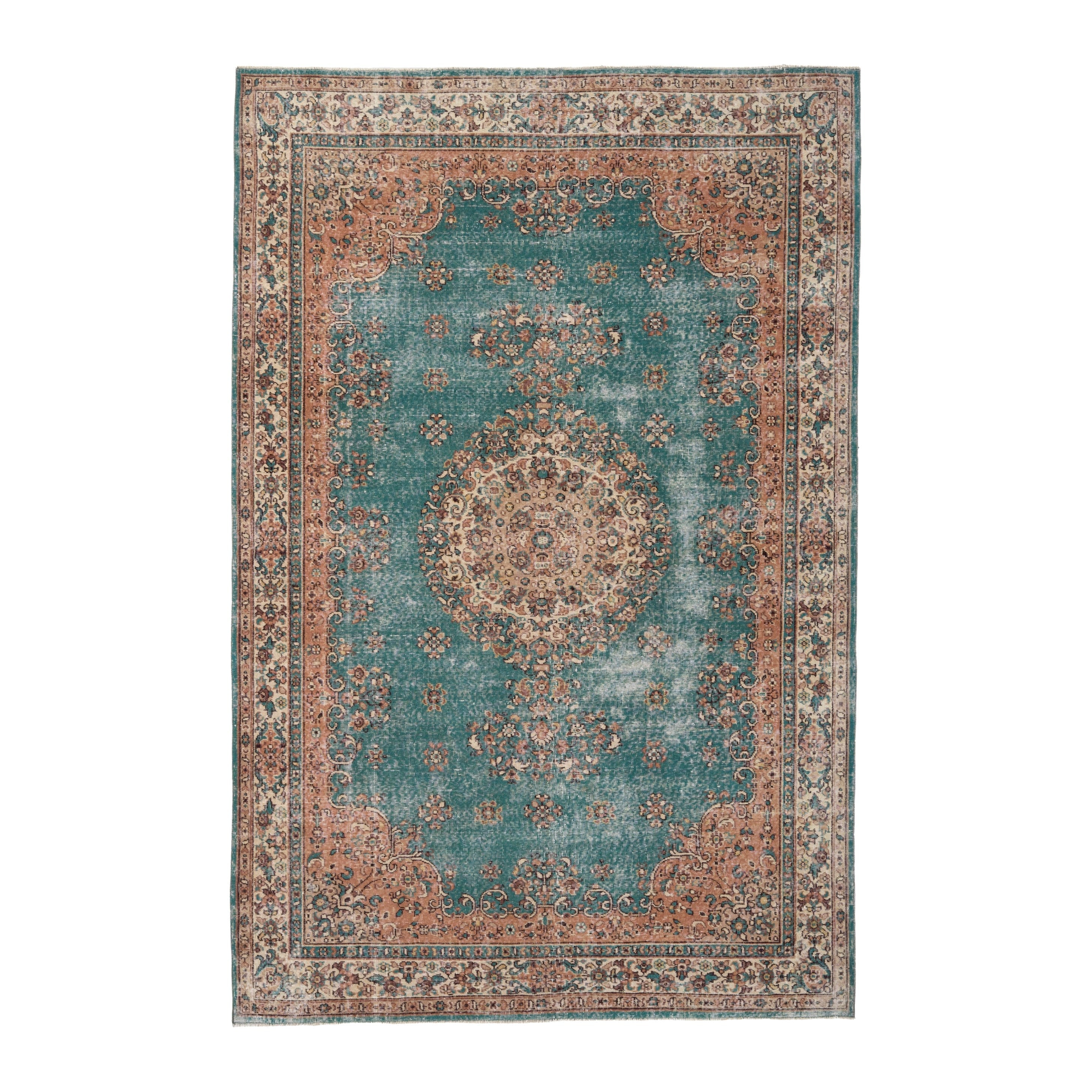 Turkish Isparta area rug in teal and terracotta, 6'10" x 10'2"