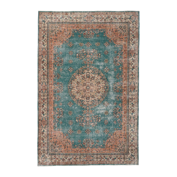 Turkish Isparta area rug in teal and terracotta, 6'10" x 10'2"