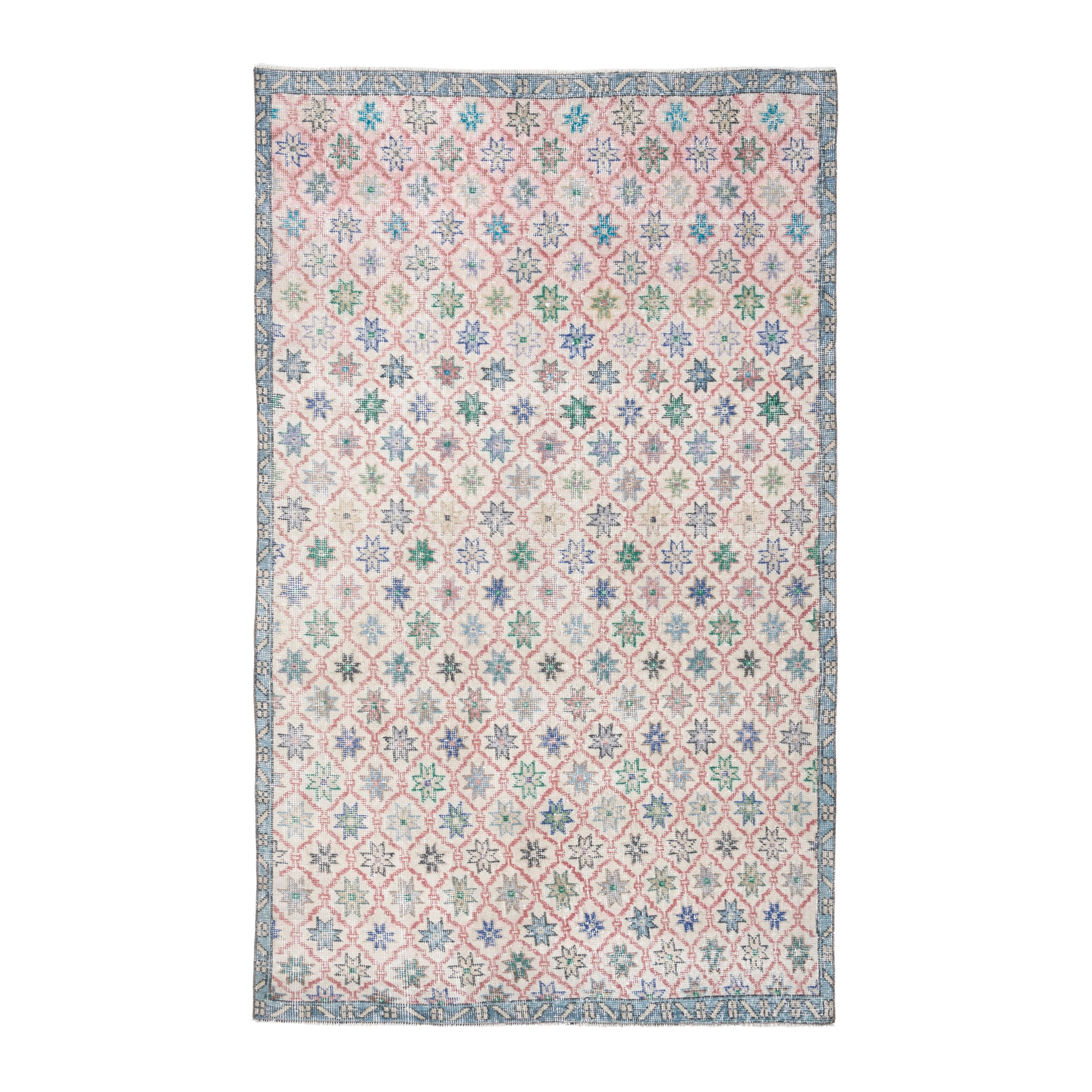 Turkish Isparta area rug in muted pink and dusty blue, 4'2" x 6'8"