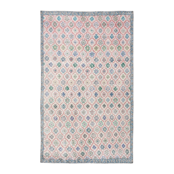 Turkish Isparta area rug in muted pink and dusty blue, 4'2" x 6'8"